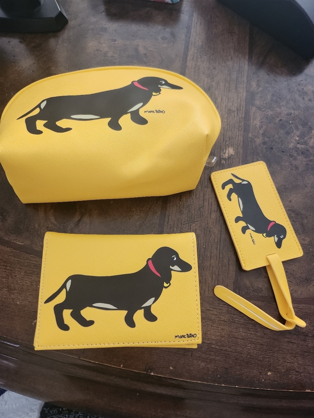 Marc Tetro dachshund yellow cosmetic bag & matching wallet & luggage tag set